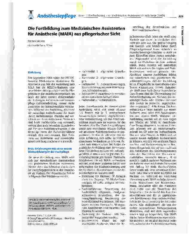 Vorschauseite 1: Die Fortbildung zum Medizinischen Assistenten für Anästhesie (MAfA) aus pflegerischer Sicht