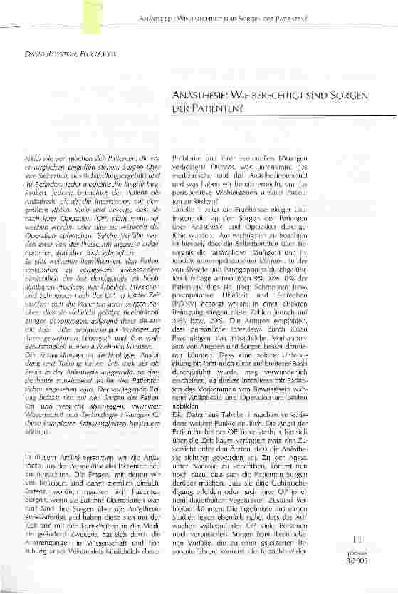 Vorschauseite 1: ANÄSTHESIE: WIE BERECHTIGT SIND SORGEN DER PATIENTEN?
