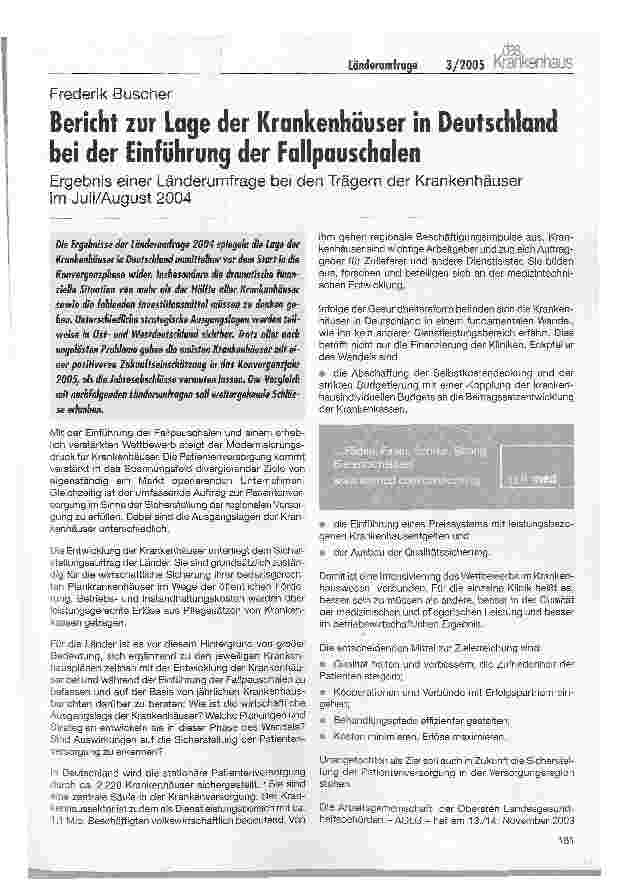 Vorschauseite 1: Bericht zur Lage der Krankenhäuser in Deutschland bei der Einführung der Fallpauschalen