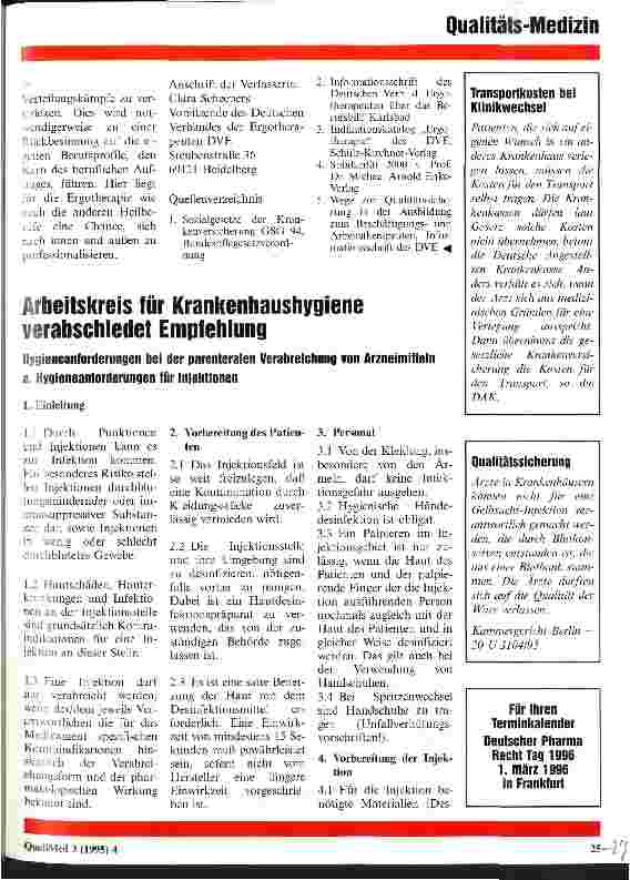 Vorschauseite 1: Arbeitskreis für Krankenhaushygiene verabschiedet Empfehlung Hygieneanforderungen bei der parenteralen Verabreichung von Arzneimitteln