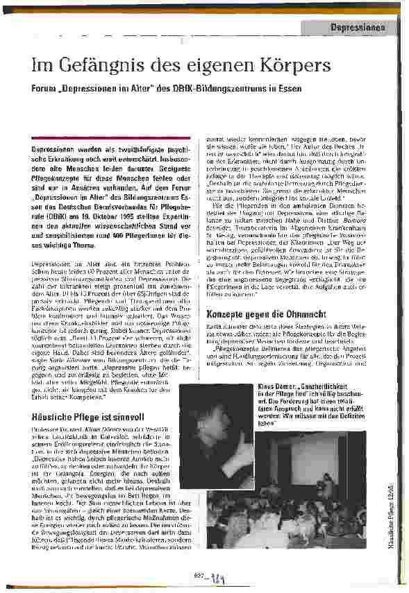 Vorschauseite 1: Im Gefängnis des eigenen Körpers Forum Depressionen im Alter des DBfK-Bildungszentrums in Essen