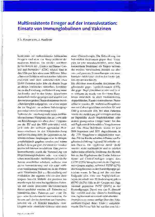 Vorschauseite 1: Multiresistente Erreger auf der Intensivstation; Einsatz von Immunglobulinen und Vakzinen