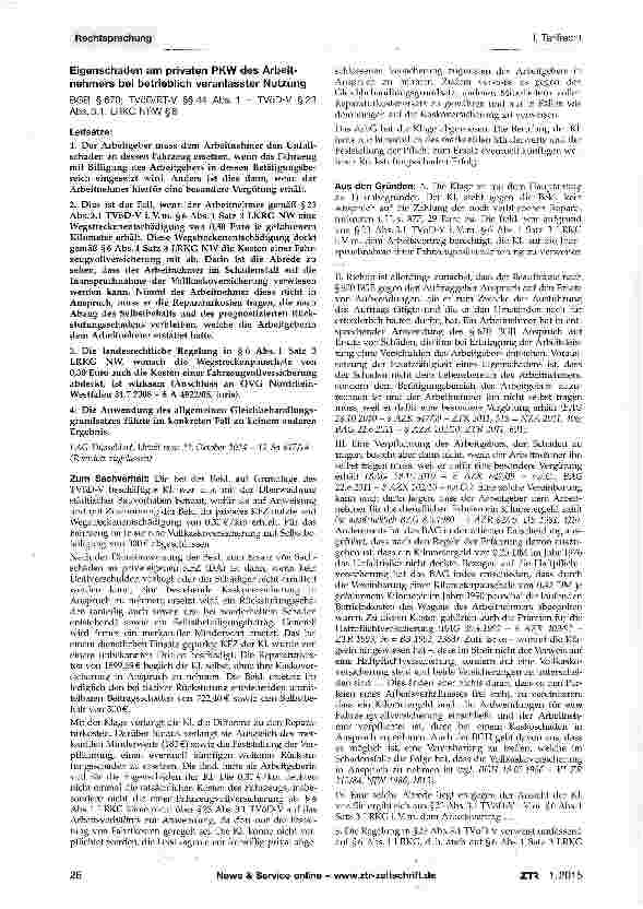 Vorschauseite 1: Eigenschaden am privaten PKW des Arbeit-nehmers bei betrieblich veranlasster NutzungBGB § 670; TVöD/BT-V §§ 44 Abs. 1 = TVÖD-V § 23 Abs. 3.1; LRKG NRW §6