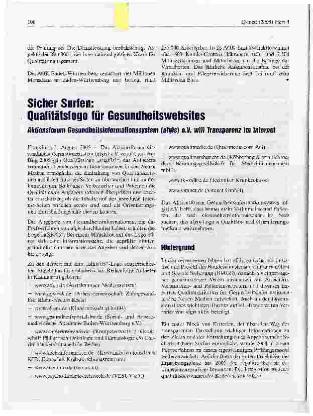 Vorschauseite 1: Sicher Surfen:Qualitätslogo für GesundheitswebsitesAktionsforum Gesundheitsinformationssystem (afgis) e.V. will Transparenz im Internet