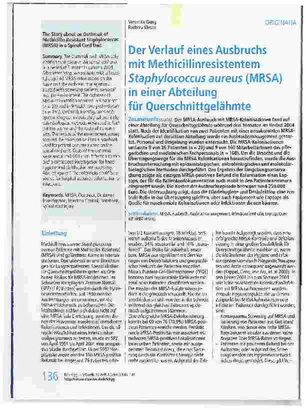 Vorschauseite 1: Der Verlauf eines Ausbruchs mit Methicillinresistentem Staphylococcus aureus (MRSA) in einer Abteilung für Querschnittgelähmte