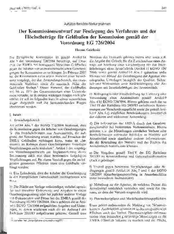 Vorschauseite 1: Der Kommissionsentwurf zur Festlegung des Verfahrens und der Höchstbeträge für Geldbußen der Kommission gemäß derVerordnung EG 726/2004