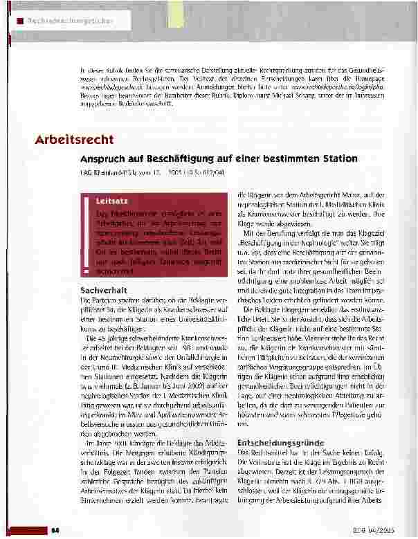 Vorschauseite 1: Anspruch auf Beschäftigung auf einer bestimmten StationLAG Rheinland-Pfalz vom 12.1.2005 (10 Sa 612/04)