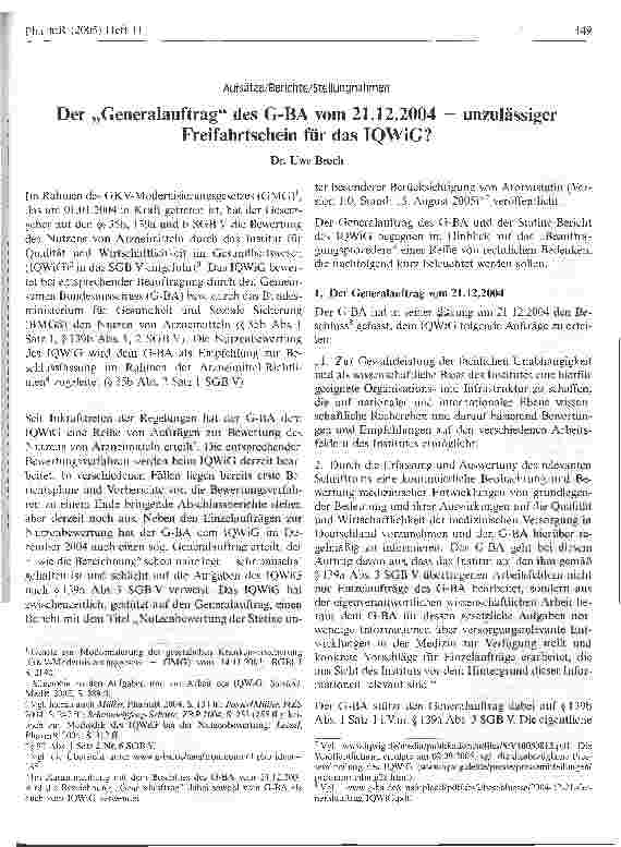 Vorschauseite 1: Der Generalauftrag des G-BA vom 21. 12. 2004 - unzulässigerFreifahrtschein für das IQWiG?