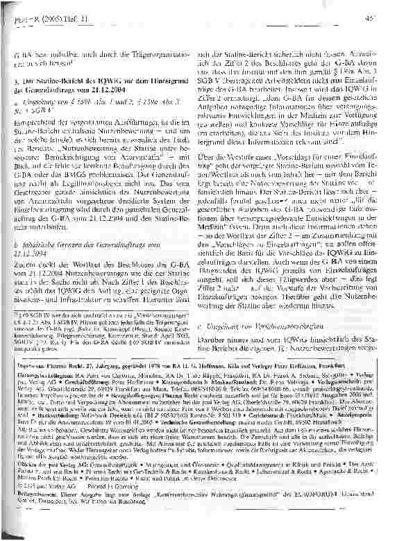 Vorschauseite 3: Der Generalauftrag des G-BA vom 21. 12. 2004 - unzulässigerFreifahrtschein für das IQWiG?