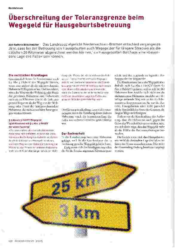 Vorschauseite 1: Überschreitung der Toleranzgrenze beim Wegegeld für Hausgeburtsbetreuung