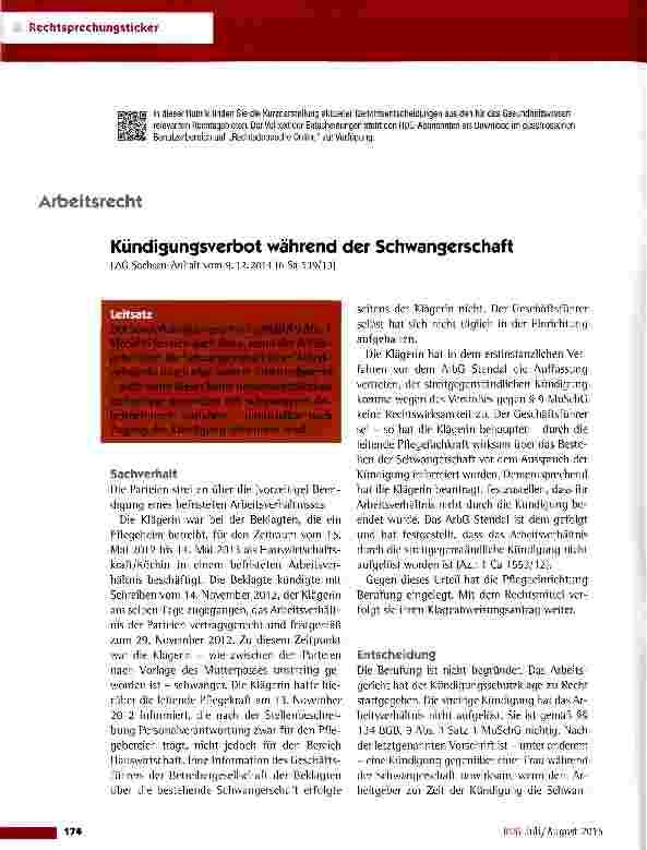 Vorschauseite 1: Kündigungsverbot während der Schwangerschaft LAG Sachsen-Anhalt vom 9. 12. 2014 (6 Sa 539/13)