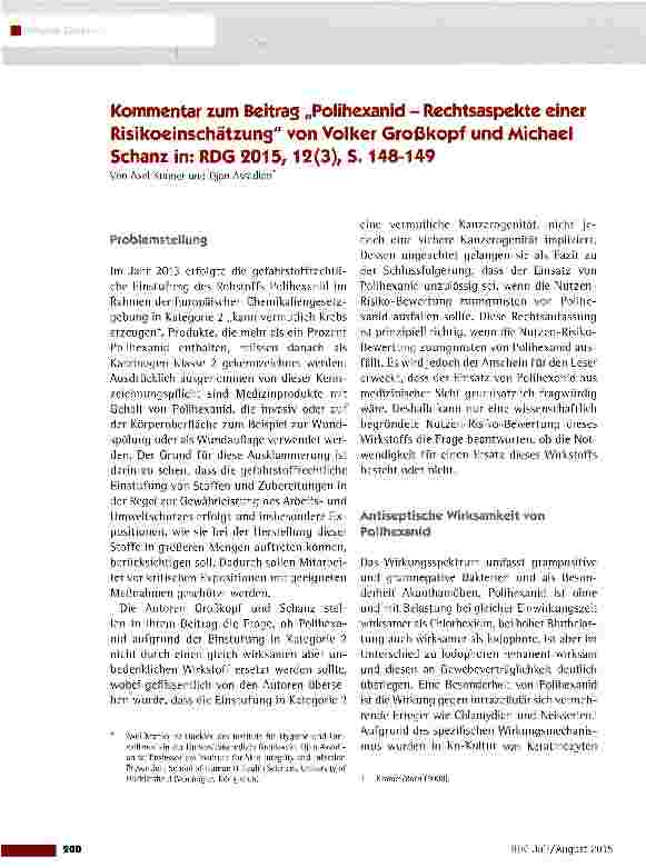 Vorschauseite 1: Kommentar zum Beitrag „Polihexanid - Rechtsaspekte einer Risikoeinschätzung von Volker Großkopf und Michael Schanz in: RDG 2015, 12(3), S. 148-149