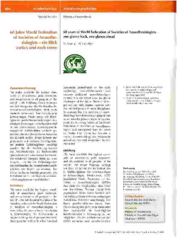 Vorschauseite 1: 60 Jahre World Federation of Societies of Anaesthe-siologists - ein Blick zurück und nach vorne