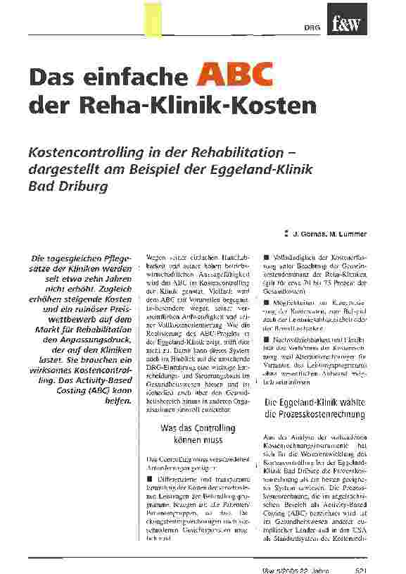 Vorschauseite 1: Das einfache ABC der Reha-Klinik-KostenKostencontrolling in der Rehabilitation -dargestellt am Beispiel der Eggeland-Klinik Bad Driburg