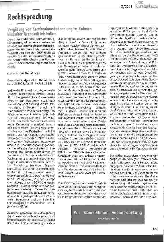 Vorschauseite 1: RechtsprechungVergütung von Krankenhausbehandlung im Rahmen klinischer Arzneimittelstudien