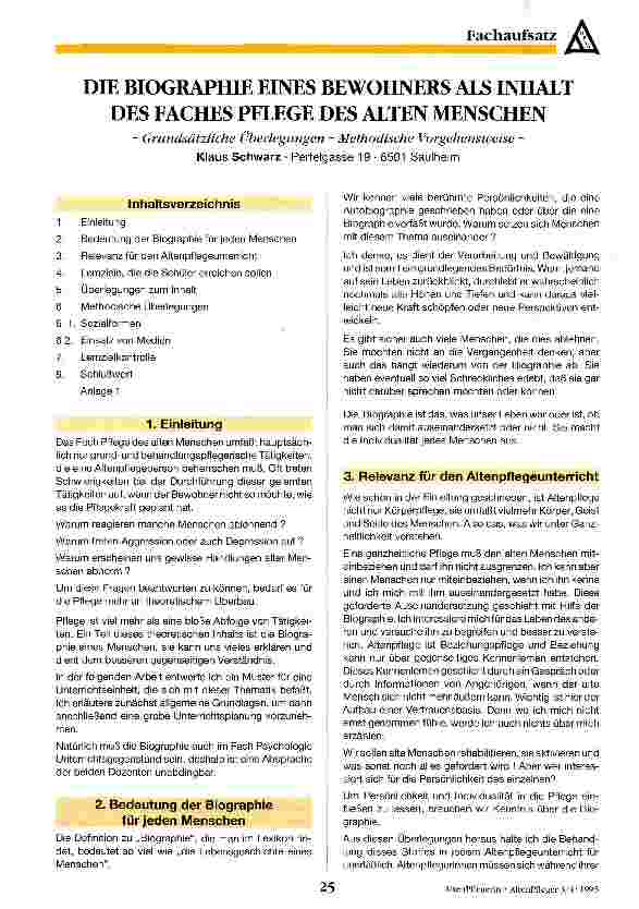 Vorschauseite 1: Die Biographie eines Bewohners als Inhalt des Faches Pflege des Alten Menschen Grundsätzliche Überlegungen - Methodische Vorgehensweise