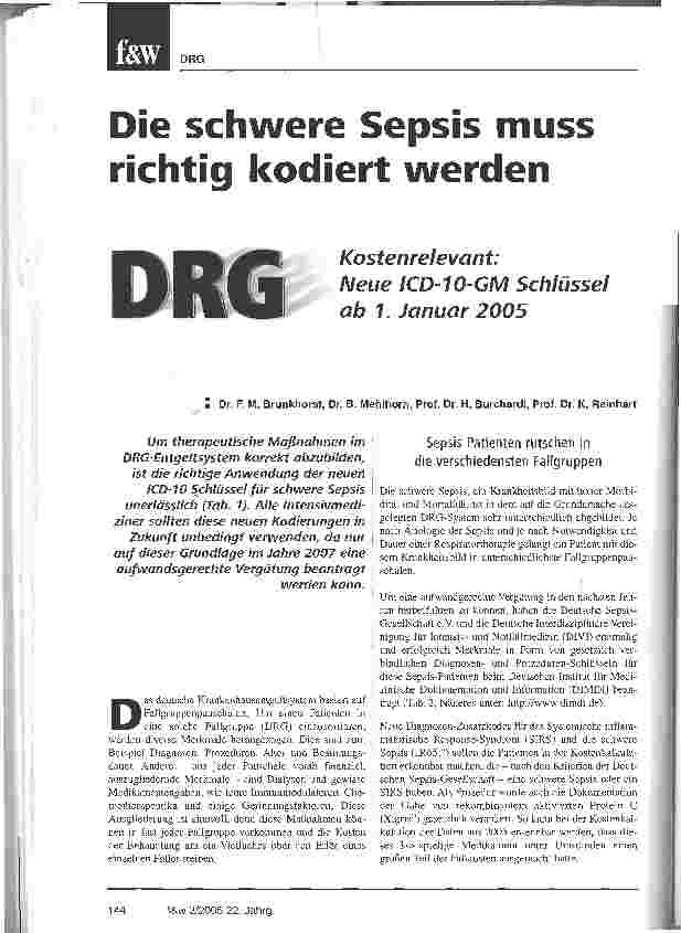 Vorschauseite 1: Die schwere Sepsis muss richtig kodiert werden Kostenrelevant:Neue ICD-10-GM Schlüssel ab 1. Januar 2005