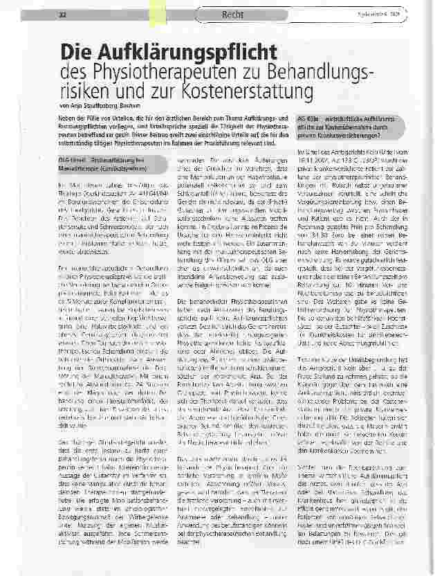 Vorschauseite 1: Die Aufklärungspflichtdes Physiotherapeuten zu Behandlungs risiken und zur Kostenerstattung