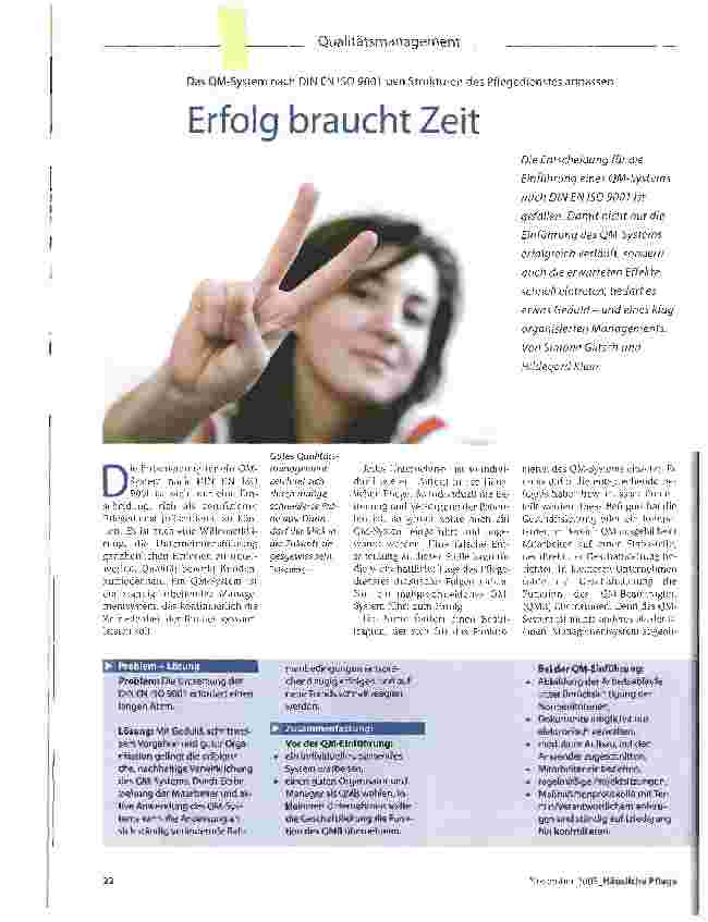 Vorschauseite 1: Erfolg braucht ZeitDas QM-System nach DIN EN ISO 9001 den Strukturen des Pflegedienstes anpassen