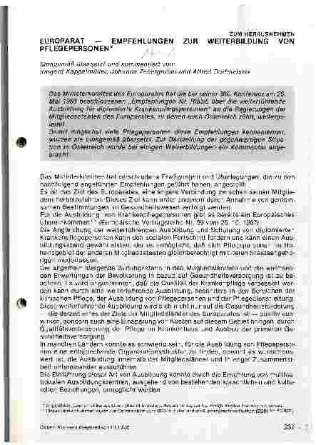 Vorschauseite 1: Europarat - Empfehlungen zur Weiterbildung von Pflegepersonen