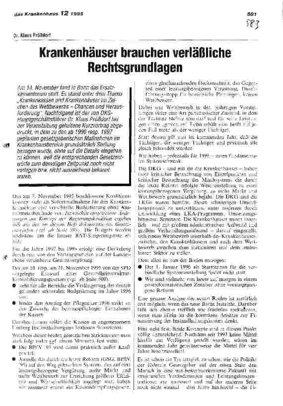 Vorschauseite 1: Krankenhäuser brauchen verläßliche Rechtsgrundlagen