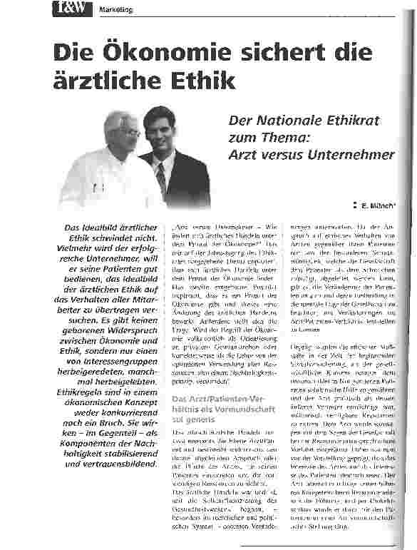 Vorschauseite 1: Die Ökonomie sichert die ärztliche Ethik. Der Nationale Ethikrat zum Thema: Arzt versus Unternehmer