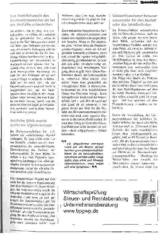 Vorschauseite 2: Die Ökonomie sichert die ärztliche Ethik. Der Nationale Ethikrat zum Thema: Arzt versus Unternehmer