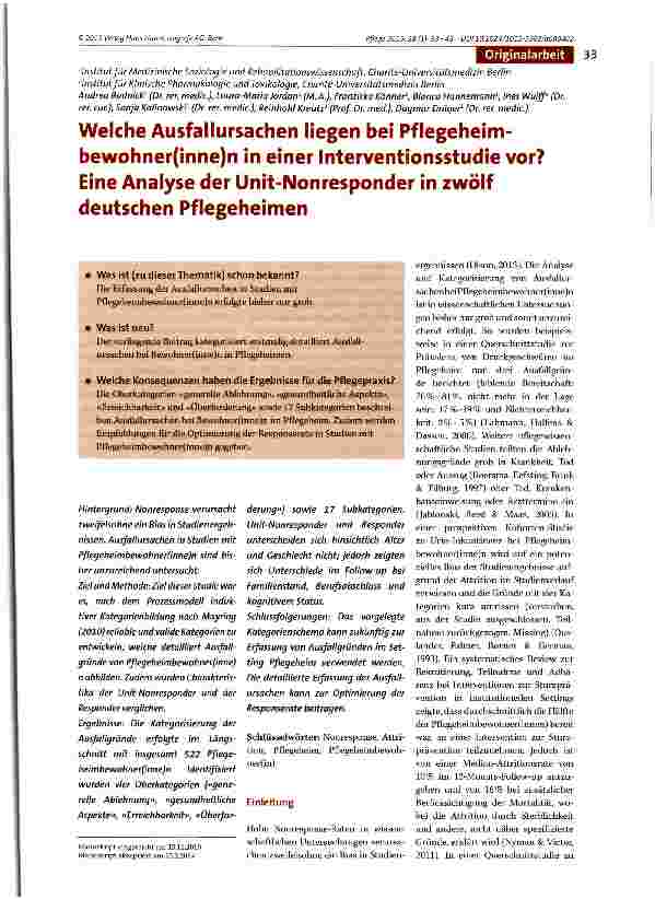 Vorschauseite 1: Welche Ausfallursachen liegen bei Pflegeheimbewohner(inne)n in einer Interventionsstudie vor? Eine Analyse der Unit-Nonresponder in zwölf deutschen Pflegeheimen