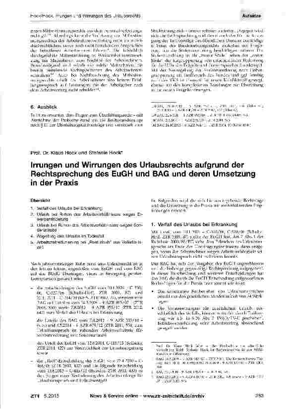 Vorschauseite 1: Irrungen und Wirrungen des Urlaubsrechts aufgrund der Rechtsprechung des EuGH und BAG und deren Umsetzung in der Praxis