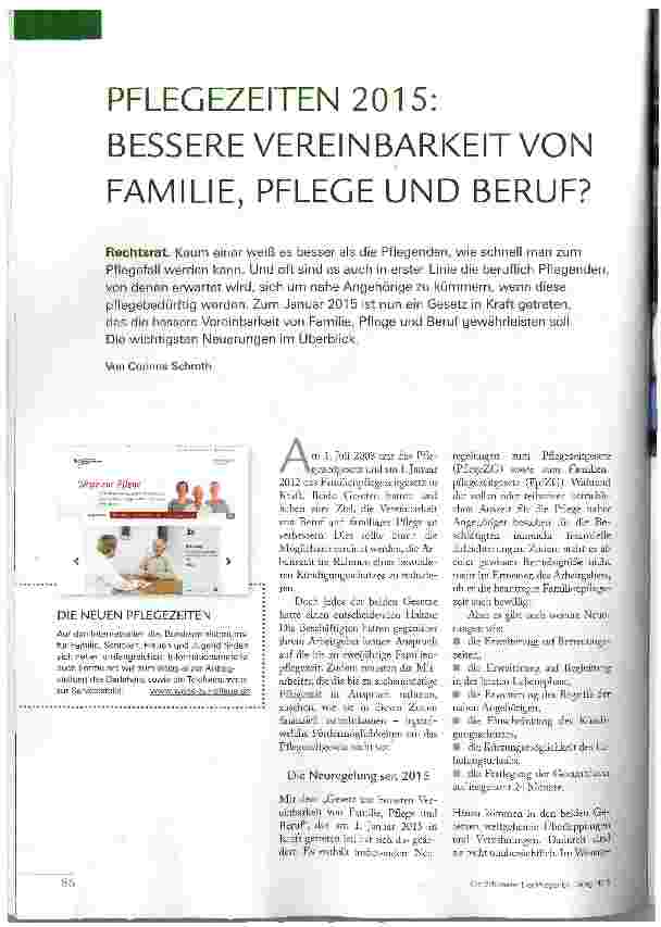 Vorschauseite 1: PFLEGEZEITEN 2015: BESSERE VEREINBARKEIT VON FAMILIE, PFLEGE UND BERUF?