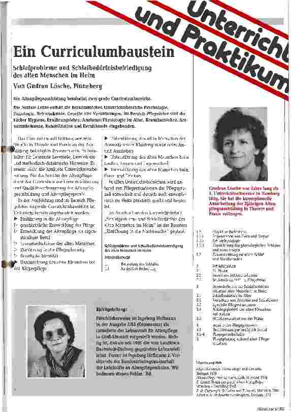 Vorschauseite 1: Ein Curriculumbaustein - Schlafprobleme und Schlafbedürfnisbefriedigung des alten Menschen im Heim