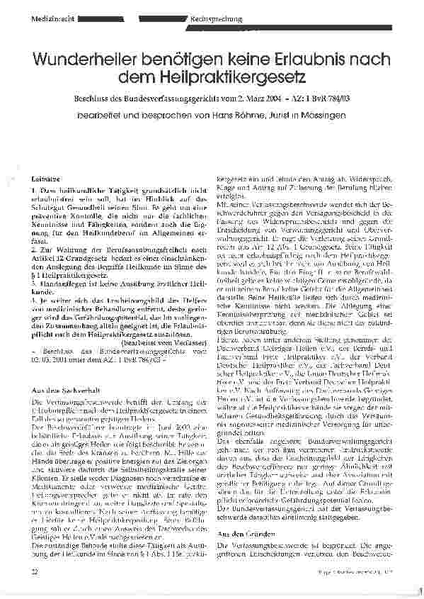 Vorschauseite 1: Wunderheiler benötigen keine Erlaubnis nachdem HeilpraktikergesetzBeschluss des Bundesverfassungsgerichts vom 2. März 2004 - AZ: 1 BvR 784/03