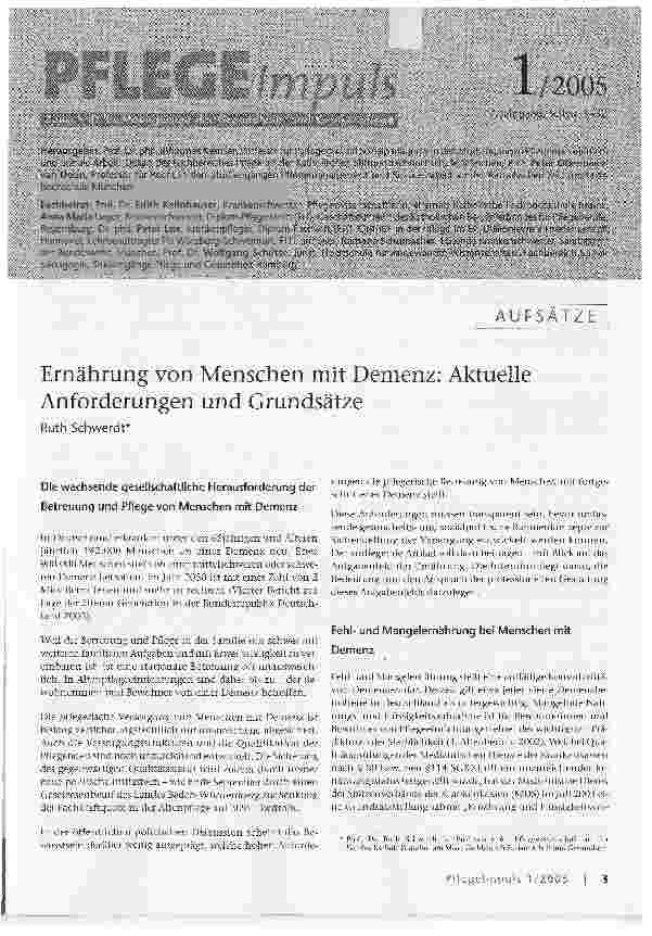 Vorschauseite 1: Ernährung von Menschen mit Demenz: Aktuelle Anforderungen und Grundsätze