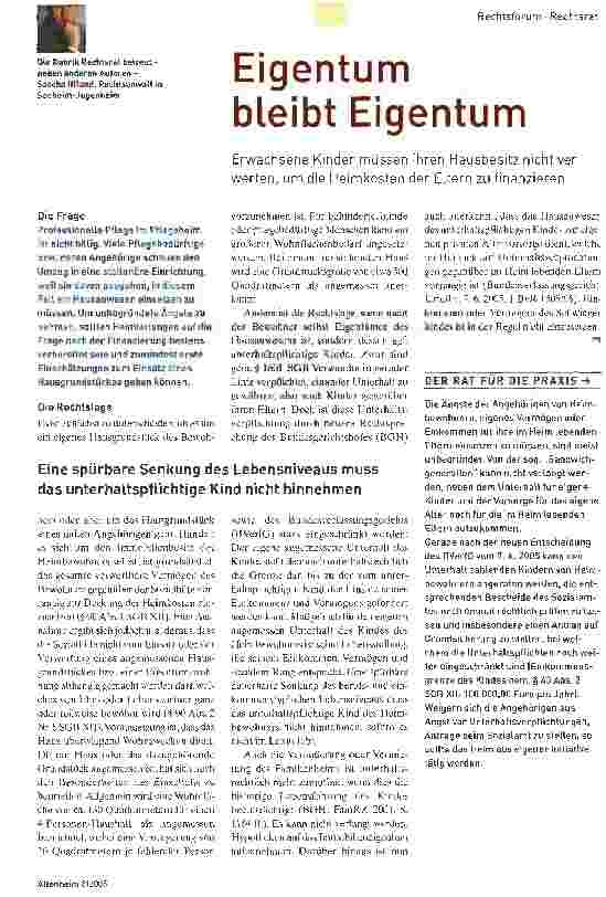 Vorschauseite 1: Eigentum bleibt EigentumErwachsene Kinder müssen ihren Hausbesitz nicht verwerten, um die Heimkosten der Eltern zu finanzieren
