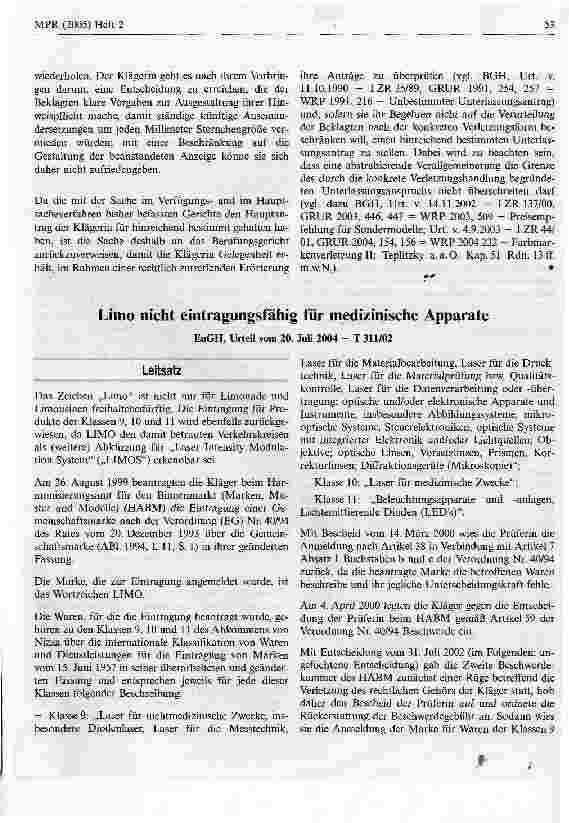 Vorschauseite 1: Limo nicht eintragungsfähig für medizinische ApparateEuGH, Urteil vom 20. Juli 2004 - T 311/02