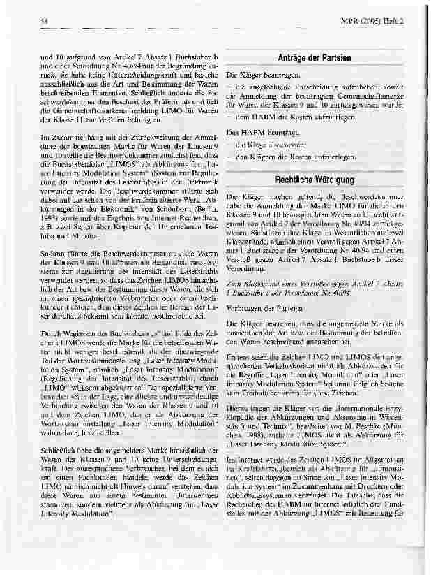 Vorschauseite 2: Limo nicht eintragungsfähig für medizinische ApparateEuGH, Urteil vom 20. Juli 2004 - T 311/02
