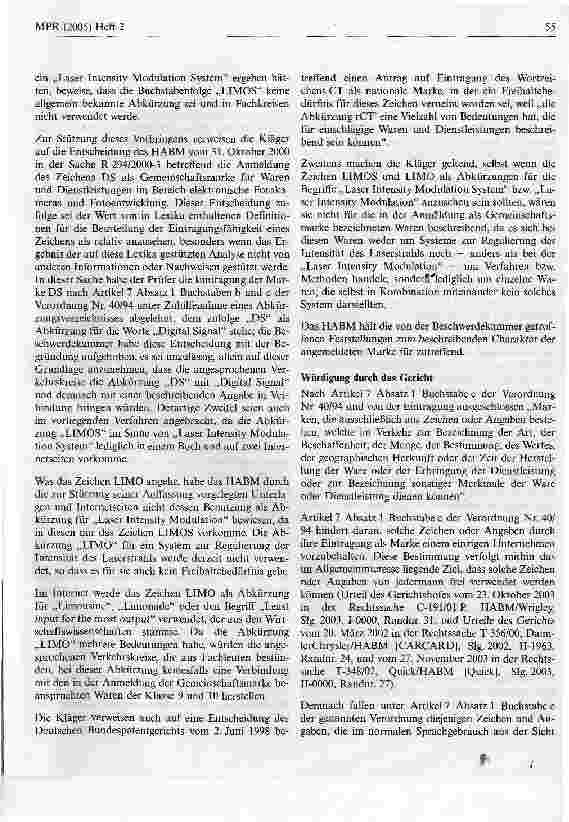 Vorschauseite 3: Limo nicht eintragungsfähig für medizinische ApparateEuGH, Urteil vom 20. Juli 2004 - T 311/02