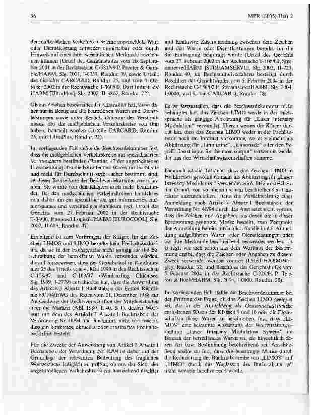 Vorschauseite 4: Limo nicht eintragungsfähig für medizinische ApparateEuGH, Urteil vom 20. Juli 2004 - T 311/02