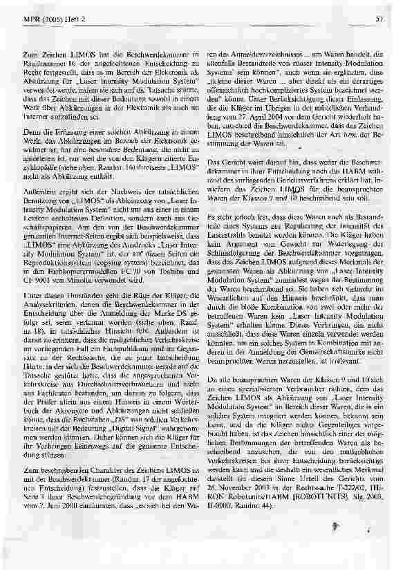 Vorschauseite 5: Limo nicht eintragungsfähig für medizinische ApparateEuGH, Urteil vom 20. Juli 2004 - T 311/02