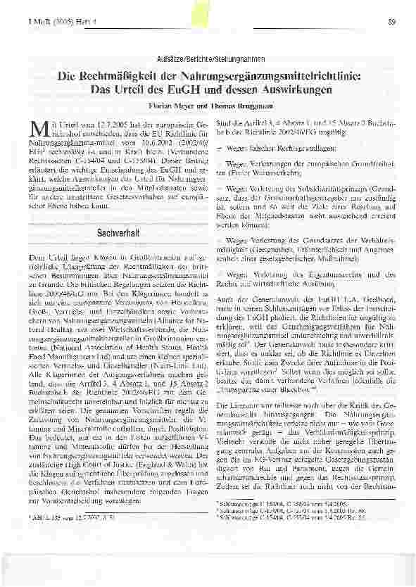 Vorschauseite 1: Die Rechtmäßigkeit der Nahrungsergänzungsmittelrichtlinie: Das Urteil des EuGH und dessen Auswirkungen