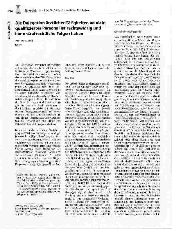 Vorschauseite 1: Die Delegation ärztlicher Tätigkeiten an nicht qualifiziertes Personal ist rechtswidrig und kann strafrechtliche Folgen haben