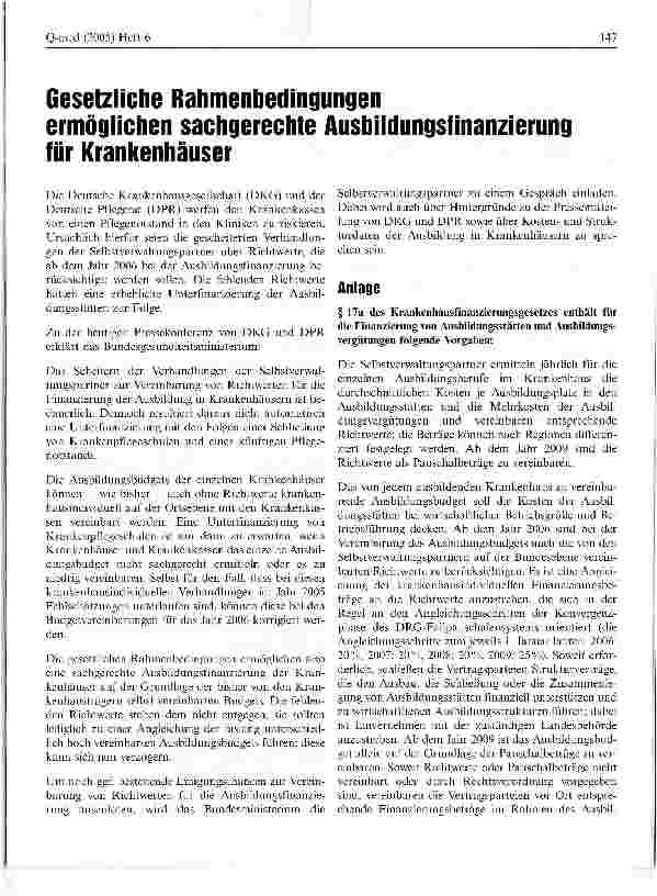 Vorschauseite 1: Gesetzliche Rahmenbedingungenermöglichen sachgerechte Ausbildungsfinanzierungfür Krankenhäuser