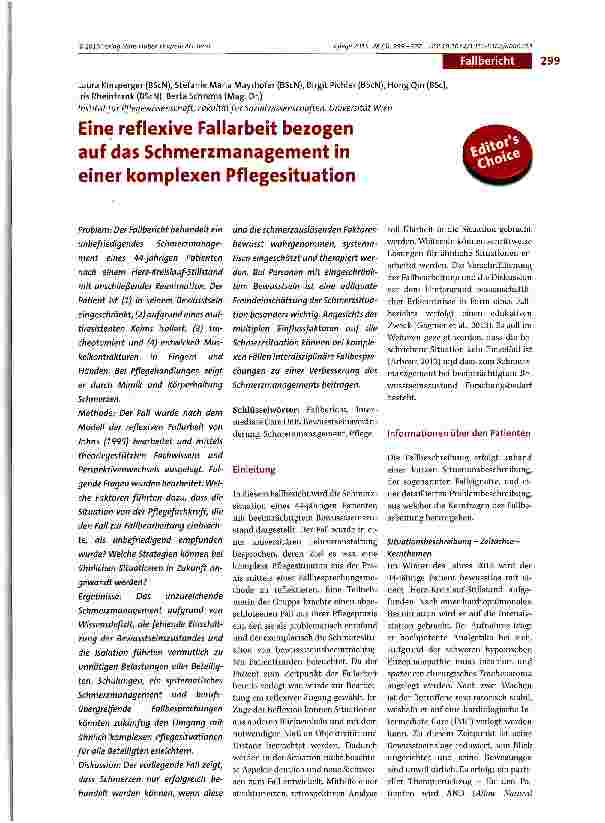 Vorschauseite 1: Eine reflexive Fallarbeit bezogen auf das Schmerzmanagement in einer komplexen Pflegesituation