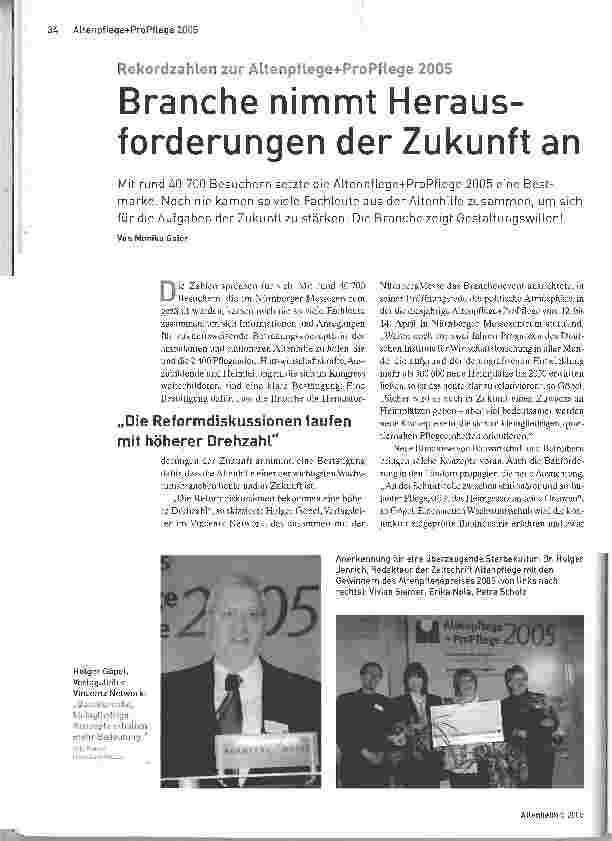 Vorschauseite 1: Rekordzahlen zur Altenpflege+ProPflege 2005Branche nimmt Herausforderungen derZukunft an