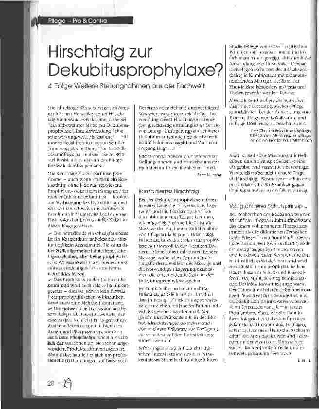 Vorschauseite 1: Hirschtalg zur Dekubitusprophylaxe? 4. Folge: Weitere Stellungnahmen aus der Fachwelt