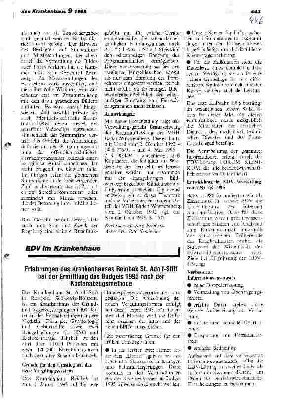 Vorschauseite 1: Erfahrungen des Krankenhauses Reinbek St. Adolf-Stift bei der Ermittlung des Budgets 1995 nach der Kostenabzugsmethode