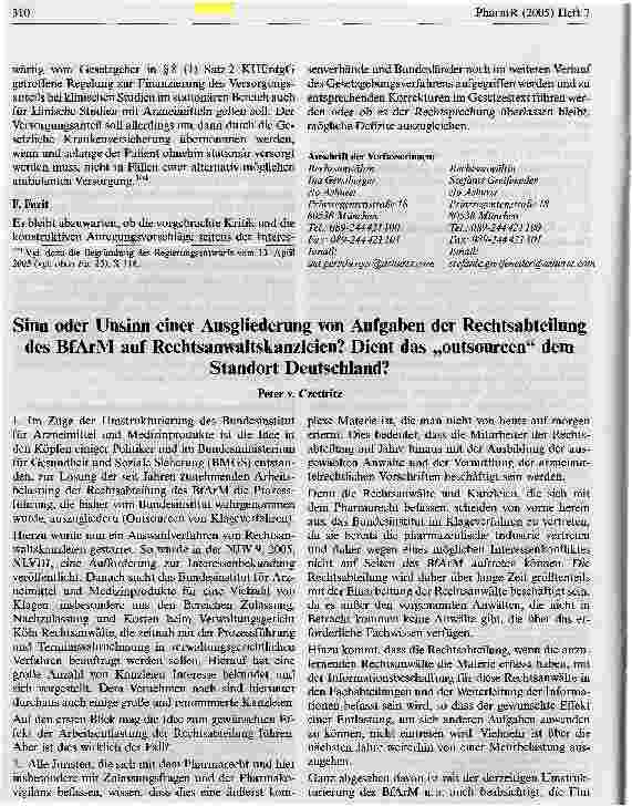 Vorschauseite 1: Sinn oder Unsinn einer Ausgliederung von Aufgaben der Rechtsabteilung des Bf ArM auf Rechtsanwaltskanzleien? Dient das outsourcen demStandort Deutschland?