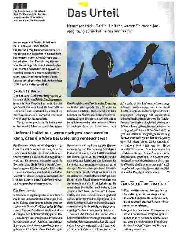 Vorschauseite 1: Das Urteil: Kammergericht Berlin: Haftung wegen SaLmonellen-Vergiftung zunächst beim Heimträger