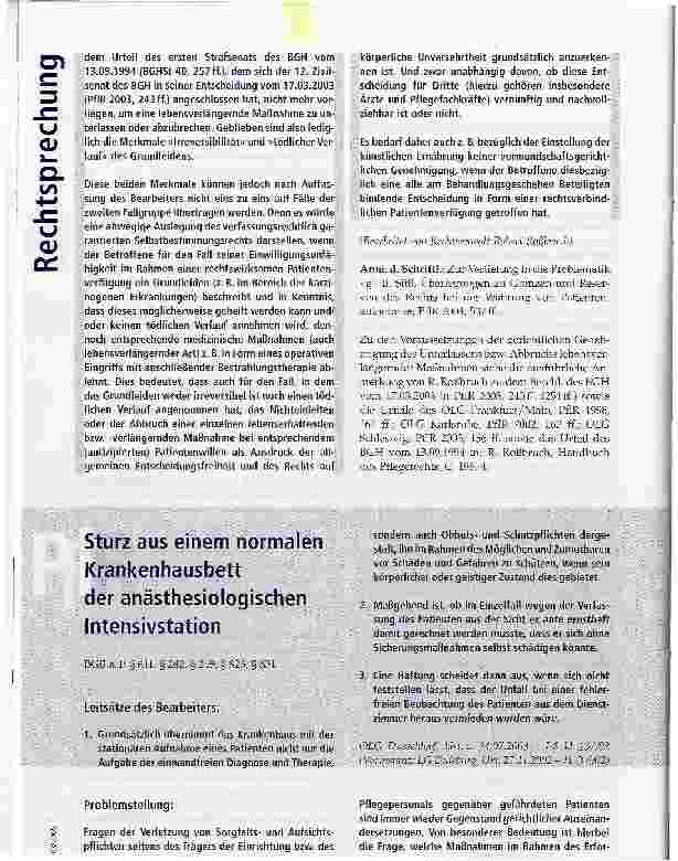 Vorschauseite 1: Sturz aus einem normalen Krankenhausbett der änästhesiologischen Intensivstation