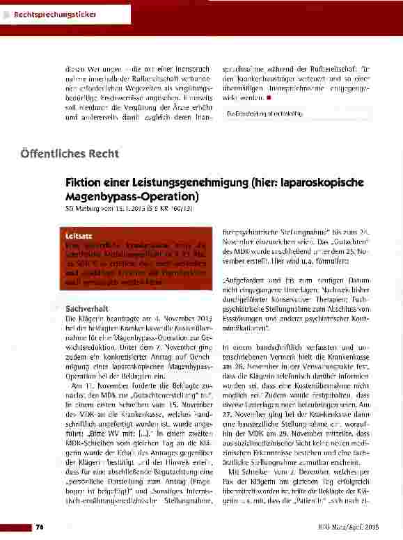 Vorschauseite 1: Fiktion einer Leistungsgenehmigung (hier: laparoskopische Magenbypass-Operation) SG Marburg vom 15.1.2015 (S 6 KR 160/13)